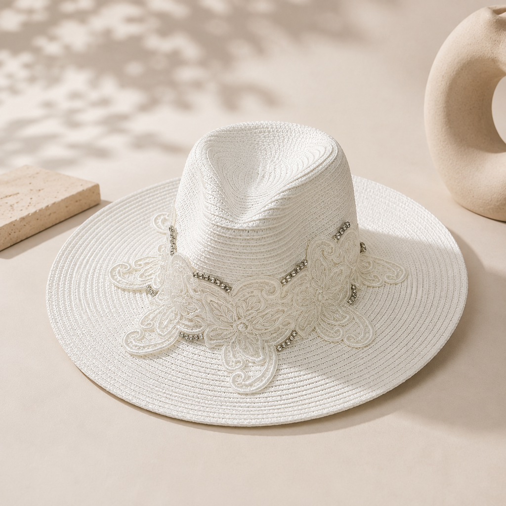 White Floral Straw Hat